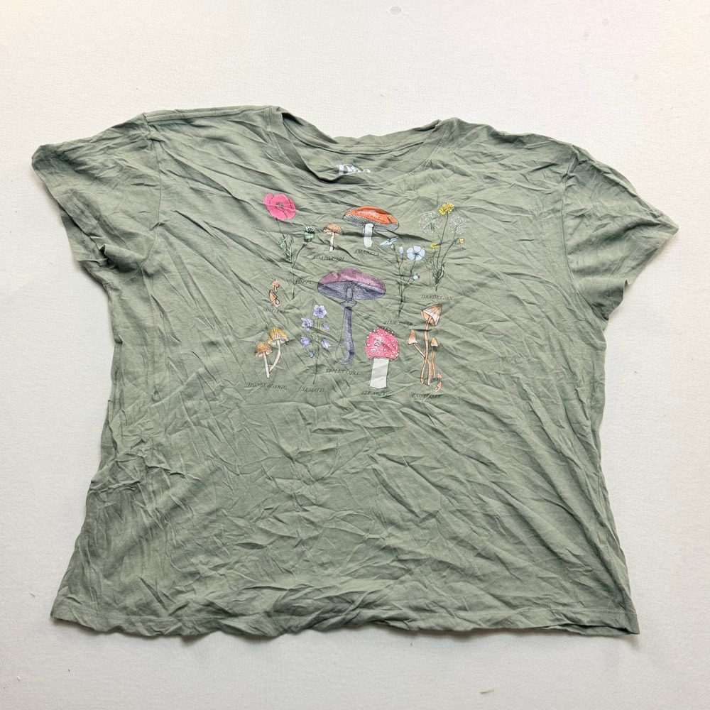 Doe Mushroom Graphic T-Shirt Women 2X Green Excellent Botanical Tee